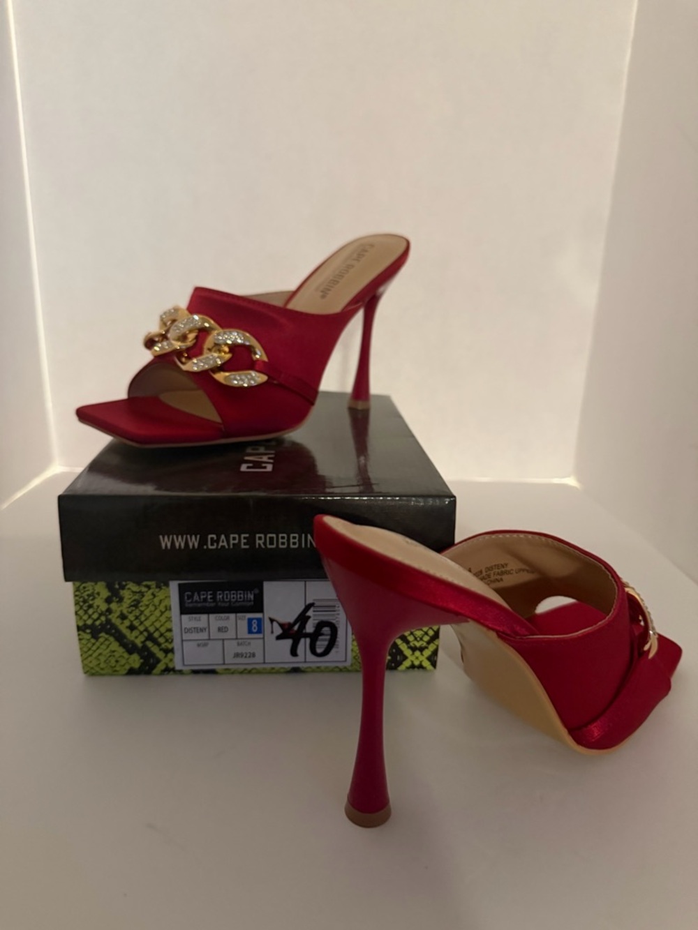 Cape Robbin Red Satin Chain Heels – Rhinestone Gold Link Mule – Size 8